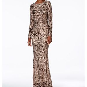 Betsy & Adam Long Sleeved Sequin Gown